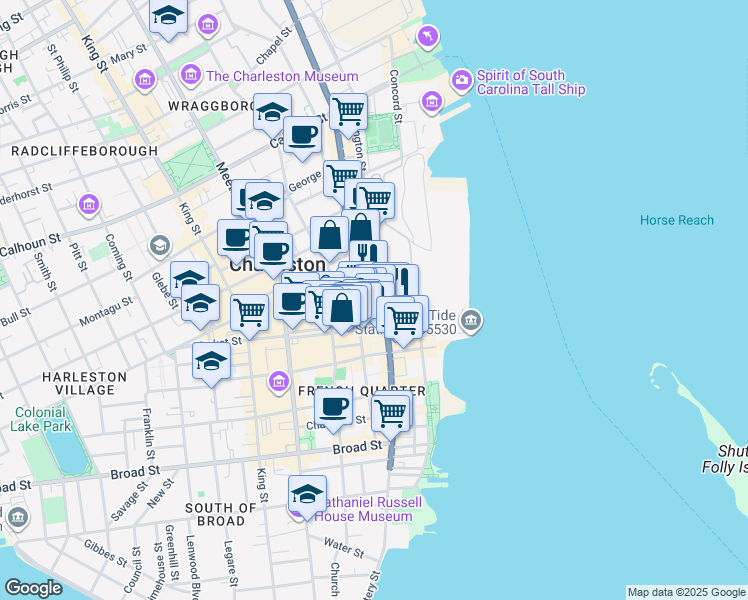 map of restaurants, bars, coffee shops, grocery stores, and more near 247 East Bay Street in Charleston