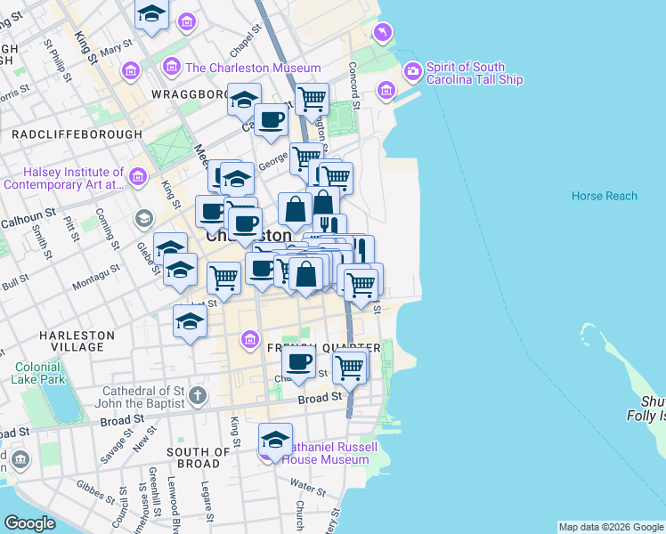 map of restaurants, bars, coffee shops, grocery stores, and more near 247 East Bay Street in Charleston