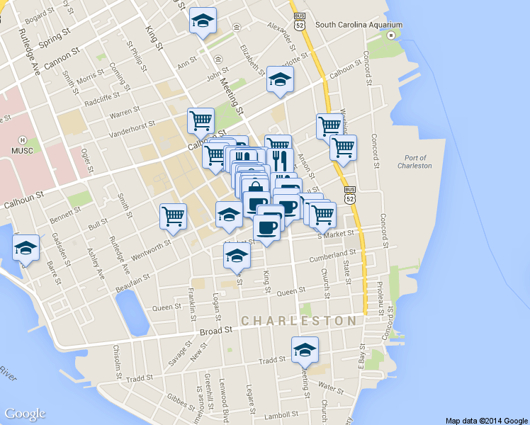 map of restaurants, bars, coffee shops, grocery stores, and more near 71 Wentworth Street in Charleston