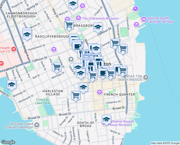 map of restaurants, bars, coffee shops, grocery stores, and more near 71 Wentworth Street in Charleston