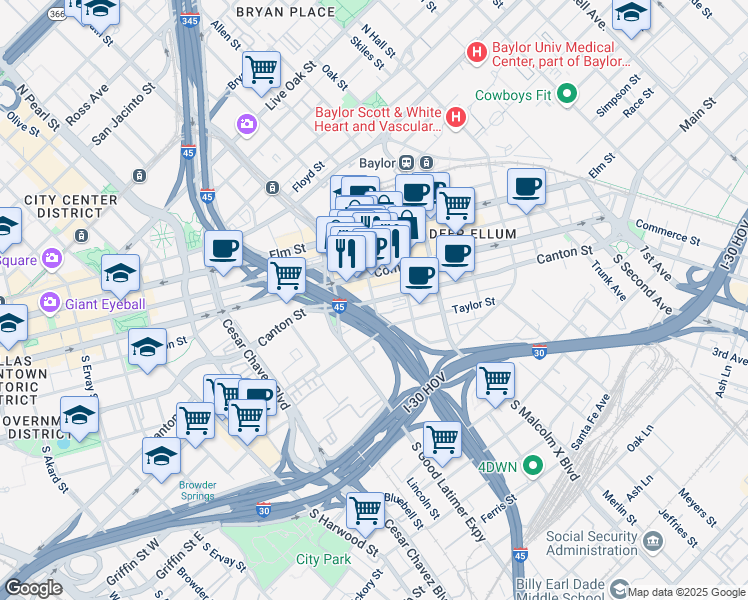 map of restaurants, bars, coffee shops, grocery stores, and more near 2700 Canton Street in Dallas