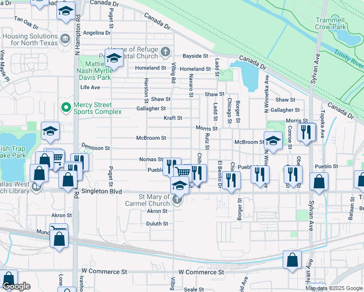 map of restaurants, bars, coffee shops, grocery stores, and more near 1724 McBroom Street in Dallas