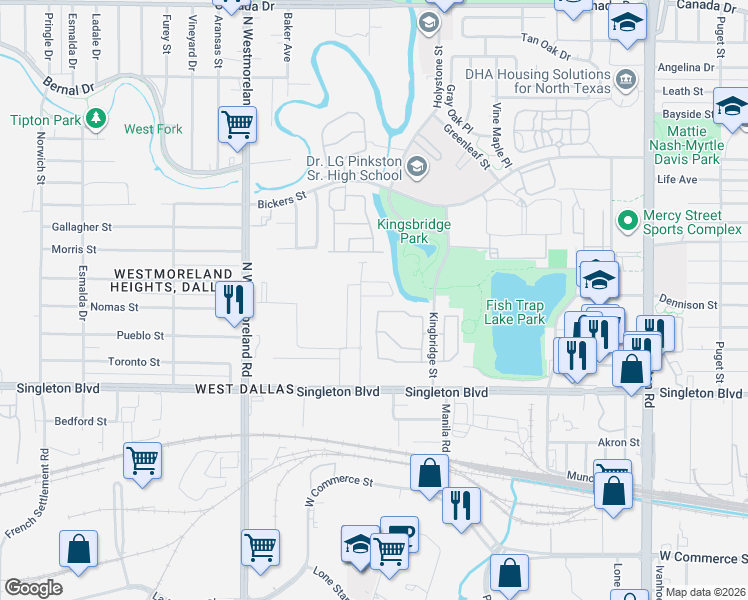 map of restaurants, bars, coffee shops, grocery stores, and more near Fishtrap Lake Park Trail in Dallas