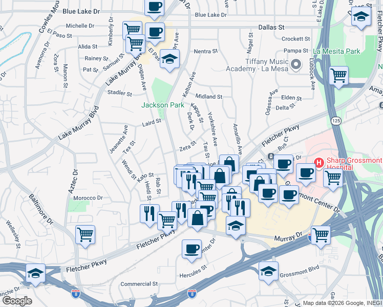 map of restaurants, bars, coffee shops, grocery stores, and more near 8355 Zeta Street in La Mesa