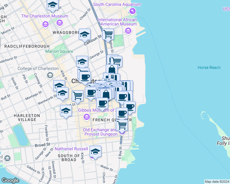 map of restaurants, bars, coffee shops, grocery stores, and more near 247 East Bay Street in Charleston