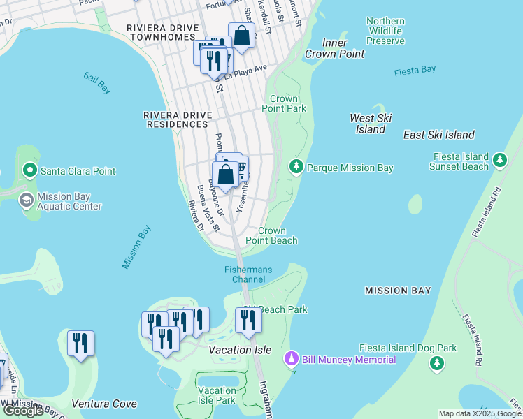 map of restaurants, bars, coffee shops, grocery stores, and more near 3434 Crown Point Drive in San Diego