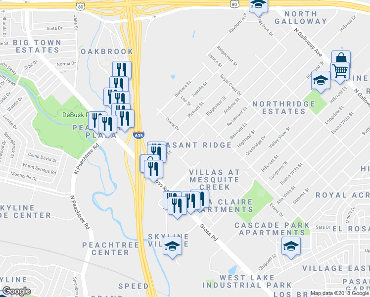 map of restaurants, bars, coffee shops, grocery stores, and more near 1153 Redman Avenue in Mesquite