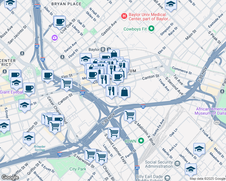 map of restaurants, bars, coffee shops, grocery stores, and more near Virgil Street in Dallas