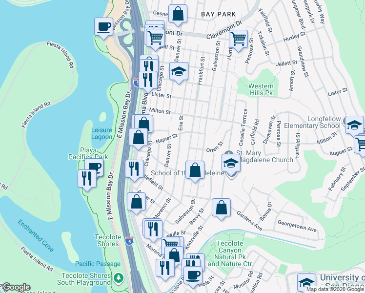 map of restaurants, bars, coffee shops, grocery stores, and more near 2001 Erie Street in San Diego