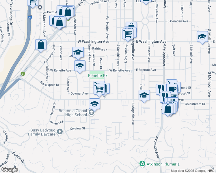 map of restaurants, bars, coffee shops, grocery stores, and more near 1025 Estes Street in El Cajon