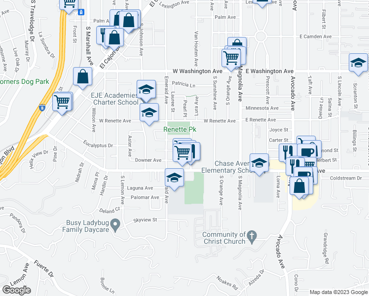 map of restaurants, bars, coffee shops, grocery stores, and more near 1000 Estes Street in El Cajon