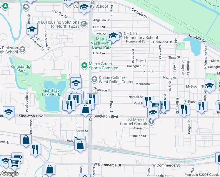 map of restaurants, bars, coffee shops, grocery stores, and more near 3303 Puget Street in Dallas