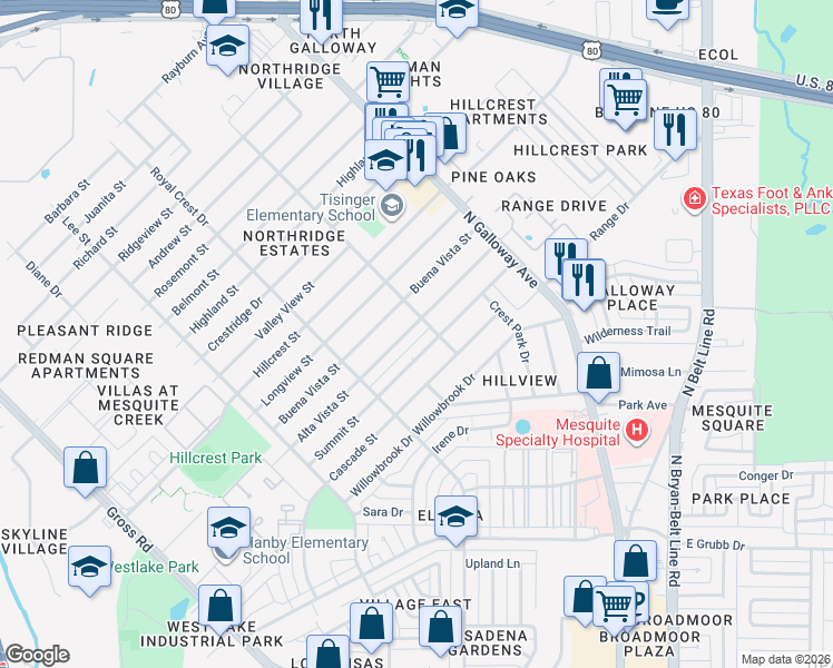 map of restaurants, bars, coffee shops, grocery stores, and more near 1623 Alta Vista Street in Mesquite