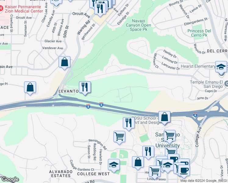 map of restaurants, bars, coffee shops, grocery stores, and more near 5553 Adobe Falls Road in San Diego