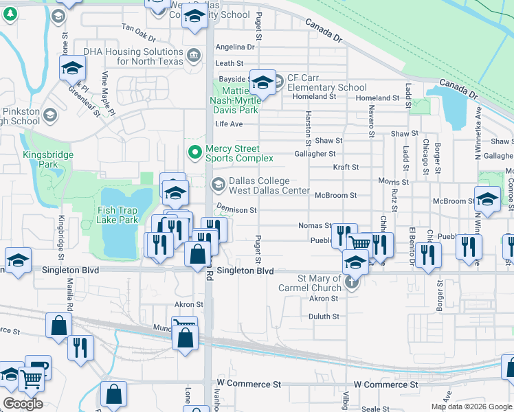 map of restaurants, bars, coffee shops, grocery stores, and more near 3303 Puget Street in Dallas