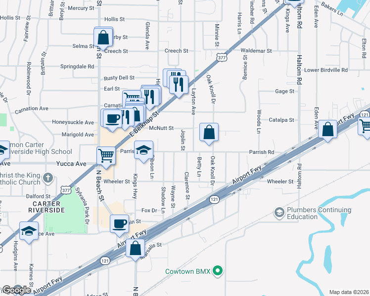 map of restaurants, bars, coffee shops, grocery stores, and more near 1403 Layton Avenue in Haltom City