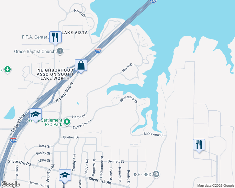 map of restaurants, bars, coffee shops, grocery stores, and more near 8328 Shore View Court in Fort Worth