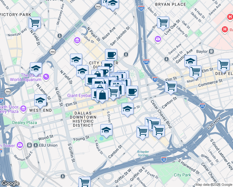 map of restaurants, bars, coffee shops, grocery stores, and more near 1900 Elm Street in Dallas