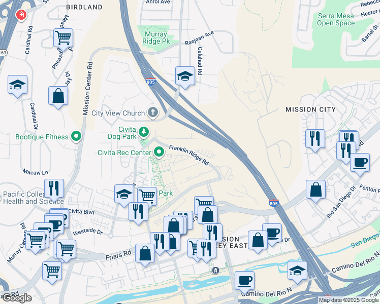 map of restaurants, bars, coffee shops, grocery stores, and more near Franklin Ridge Road in San Diego