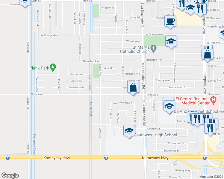 map of restaurants, bars, coffee shops, grocery stores, and more near 2401 Sandalwood Drive in El Centro