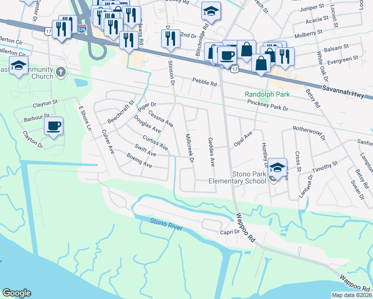 map of restaurants, bars, coffee shops, grocery stores, and more near 311 Millcreek Drive in Charleston