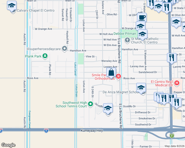 map of restaurants, bars, coffee shops, grocery stores, and more near 2415 Sandalwood Drive in El Centro