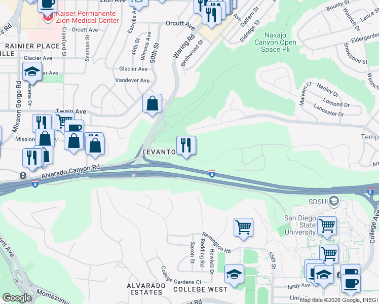 map of restaurants, bars, coffee shops, grocery stores, and more near 5360 Adobe Falls Road in San Diego