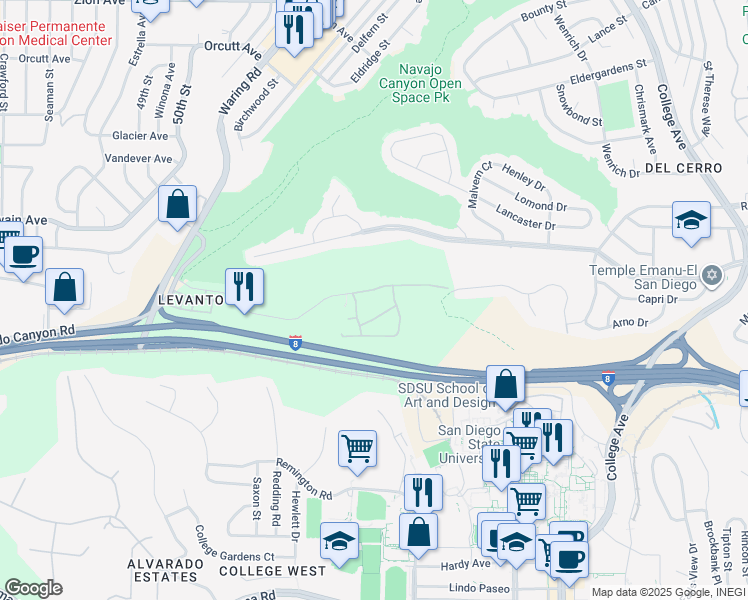 map of restaurants, bars, coffee shops, grocery stores, and more near 5617 Adobe Falls Road in San Diego