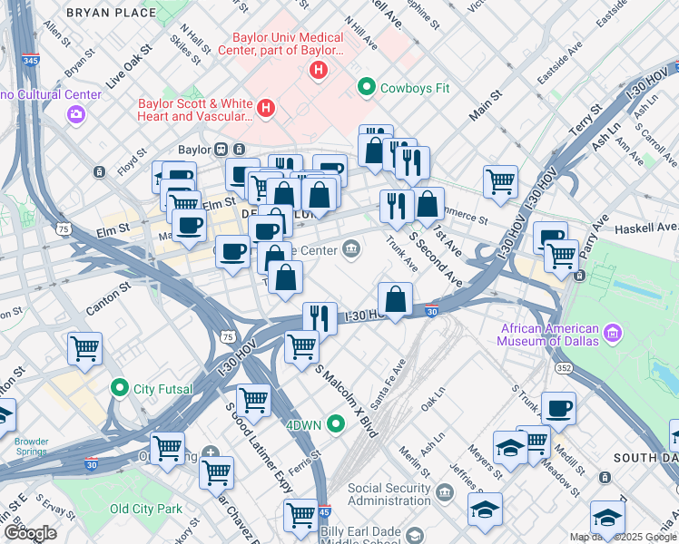 map of restaurants, bars, coffee shops, grocery stores, and more near 1523 Baylor Street in Dallas