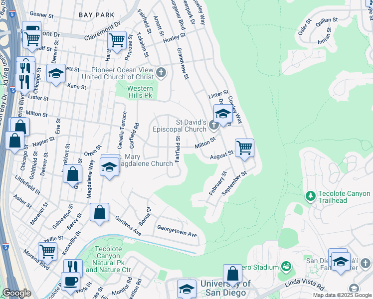 map of restaurants, bars, coffee shops, grocery stores, and more near 5001 Milton Street in San Diego