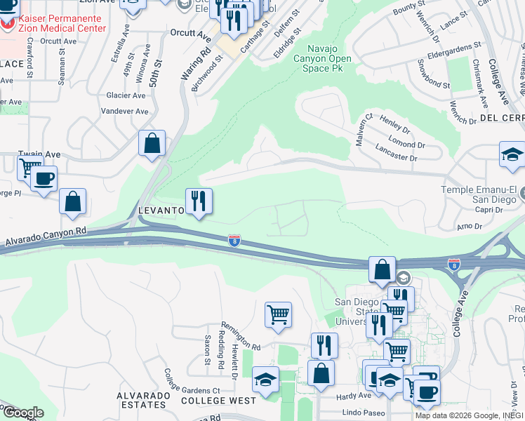 map of restaurants, bars, coffee shops, grocery stores, and more near 5553 Adobe Falls Road in San Diego