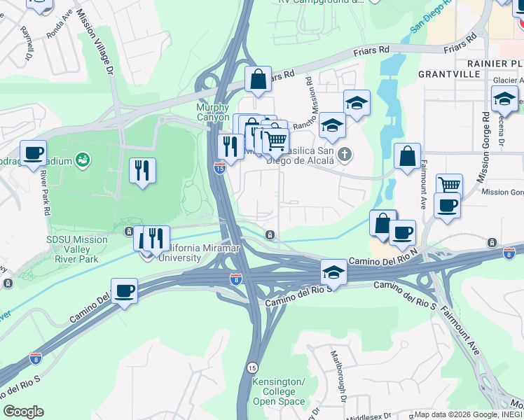 map of restaurants, bars, coffee shops, grocery stores, and more near 5906 Rancho Mission Road in San Diego