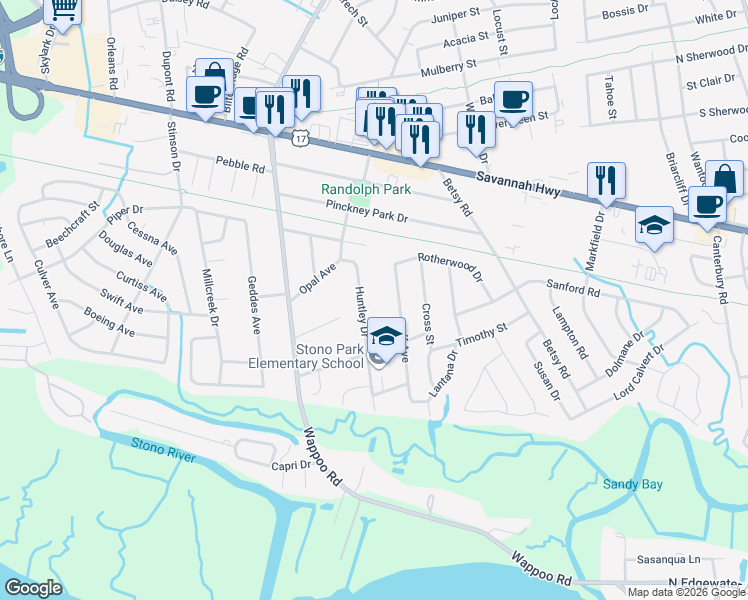 map of restaurants, bars, coffee shops, grocery stores, and more near 364 Huntley Drive in Charleston