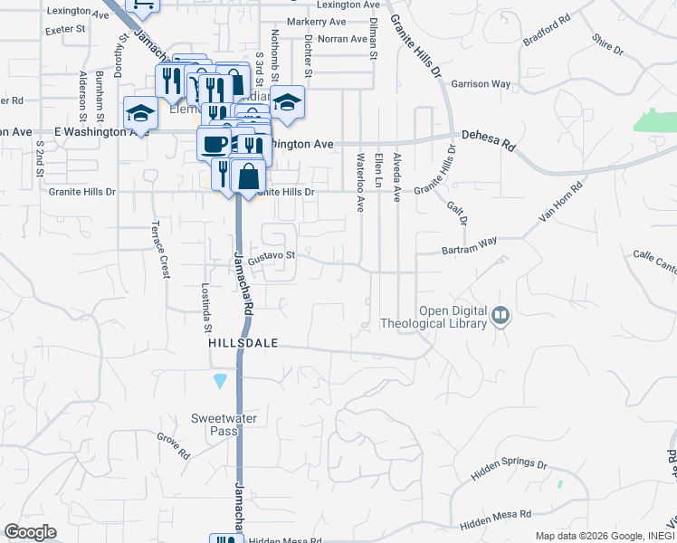 map of restaurants, bars, coffee shops, grocery stores, and more near 1580 Gustavo Street in El Cajon