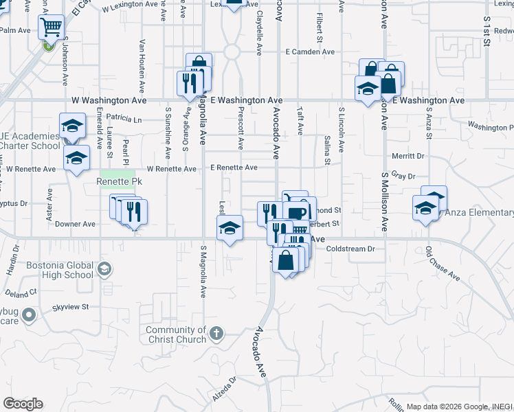 map of restaurants, bars, coffee shops, grocery stores, and more near 225 Carter Street in El Cajon