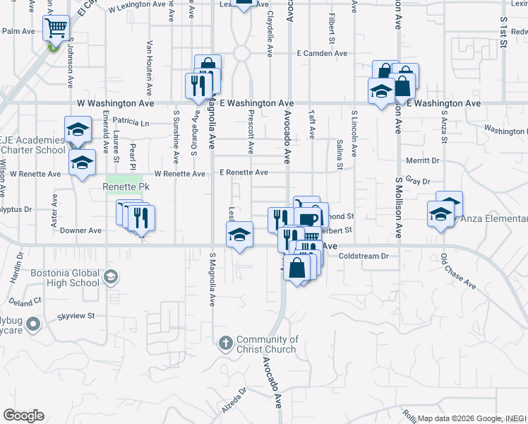 map of restaurants, bars, coffee shops, grocery stores, and more near 225 Carter Street in El Cajon