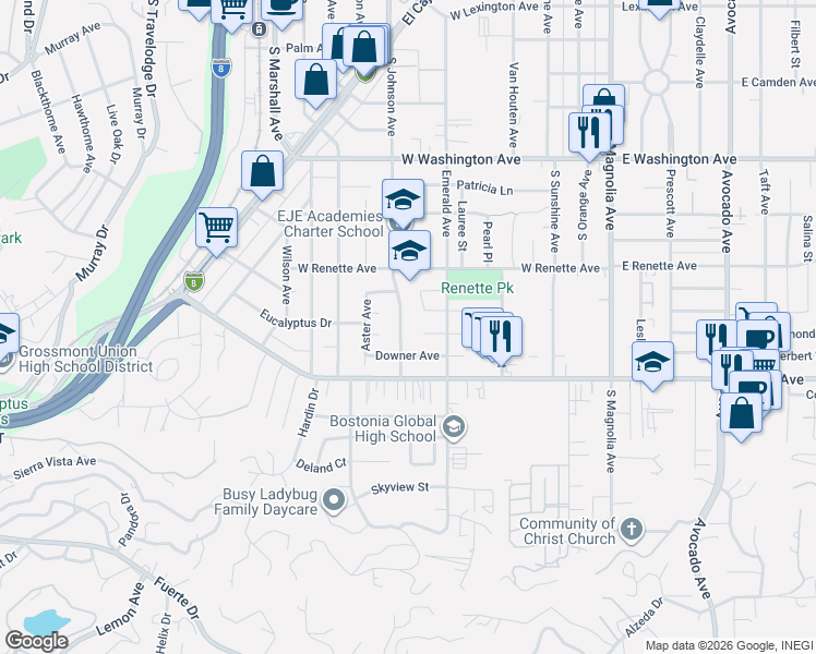 map of restaurants, bars, coffee shops, grocery stores, and more near 998 Wiggins Way in El Cajon