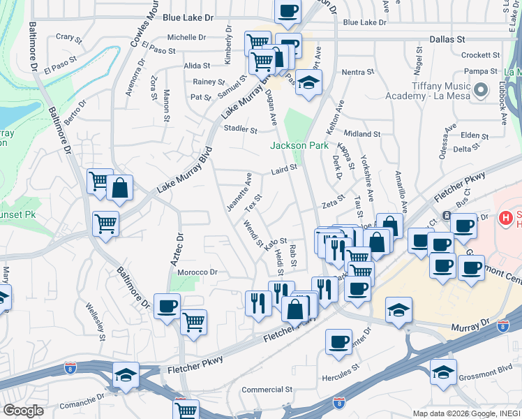 map of restaurants, bars, coffee shops, grocery stores, and more near 5759 Tex Street in La Mesa