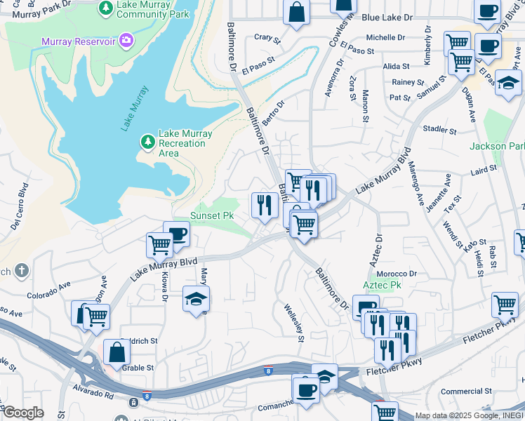 map of restaurants, bars, coffee shops, grocery stores, and more near 5576 Lake Park Way in La Mesa