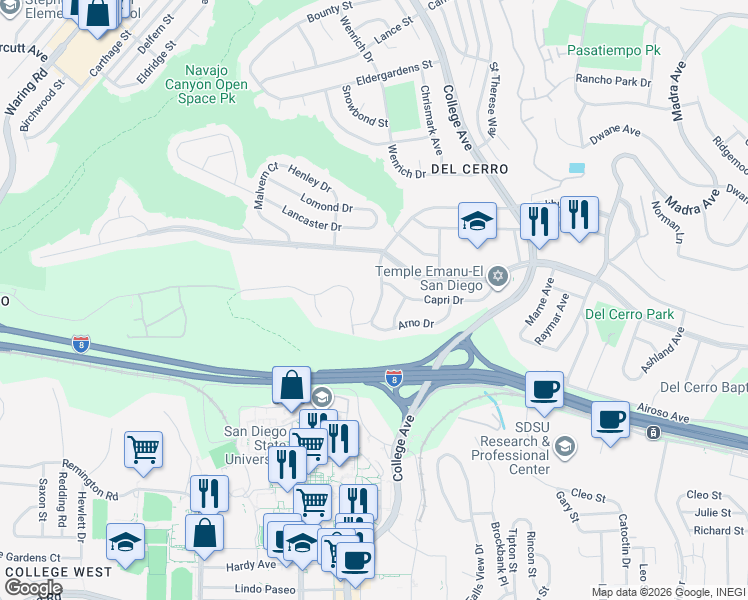 map of restaurants, bars, coffee shops, grocery stores, and more near 5690 Genoa Drive in San Diego