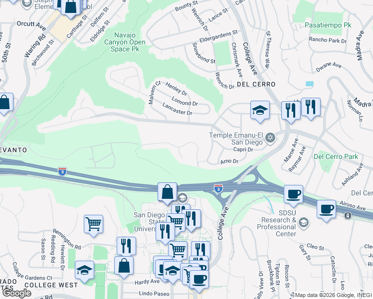 map of restaurants, bars, coffee shops, grocery stores, and more near 6047 Adobe Falls Road in San Diego