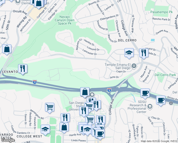 map of restaurants, bars, coffee shops, grocery stores, and more near 5956 Adobe Falls Road in San Diego