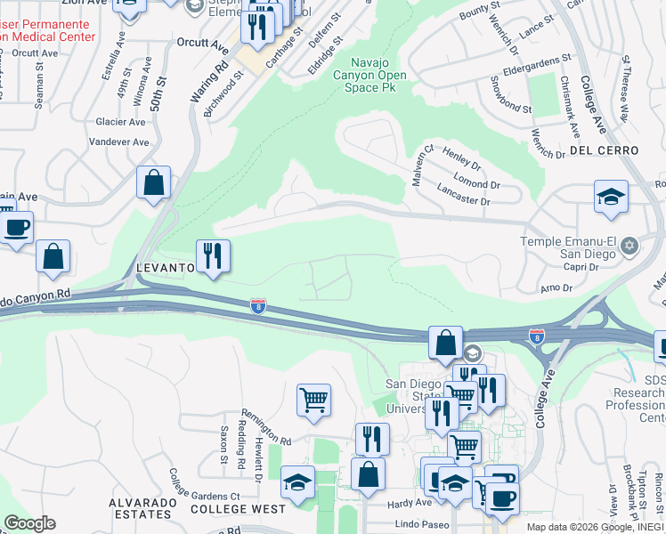 map of restaurants, bars, coffee shops, grocery stores, and more near 5617 Adobe Falls Road in San Diego