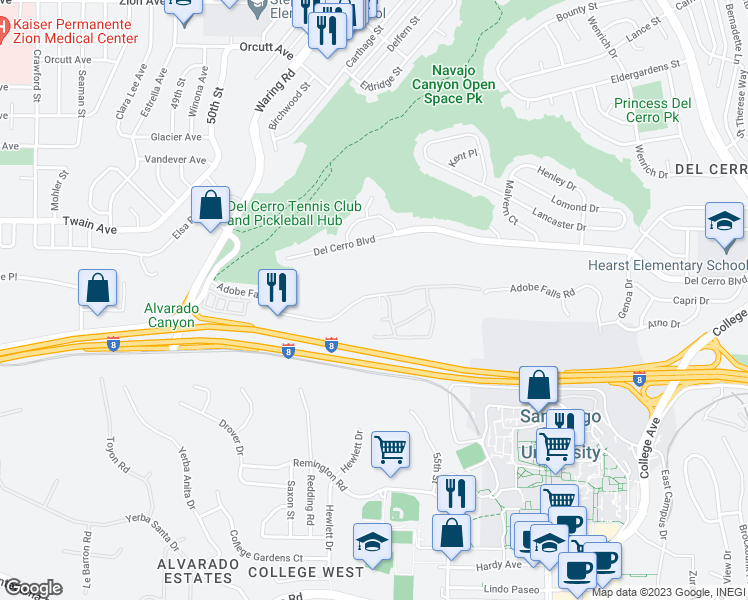 map of restaurants, bars, coffee shops, grocery stores, and more near 5553 Adobe Falls Road in San Diego