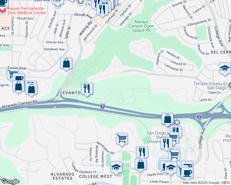 map of restaurants, bars, coffee shops, grocery stores, and more near 5553 Adobe Falls Road in San Diego