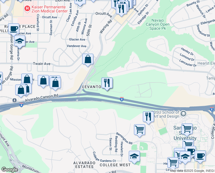 map of restaurants, bars, coffee shops, grocery stores, and more near 5320 Adobe Falls Road in San Diego