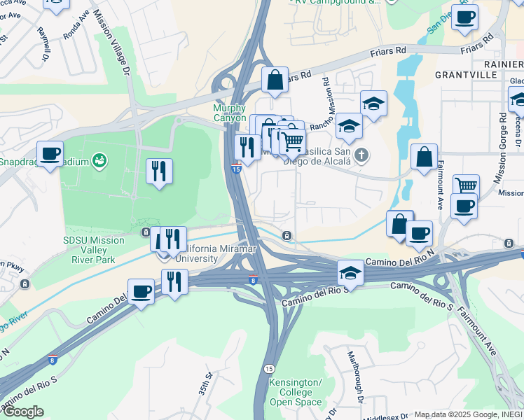 map of restaurants, bars, coffee shops, grocery stores, and more near 5954 Rancho Mission Road in San Diego