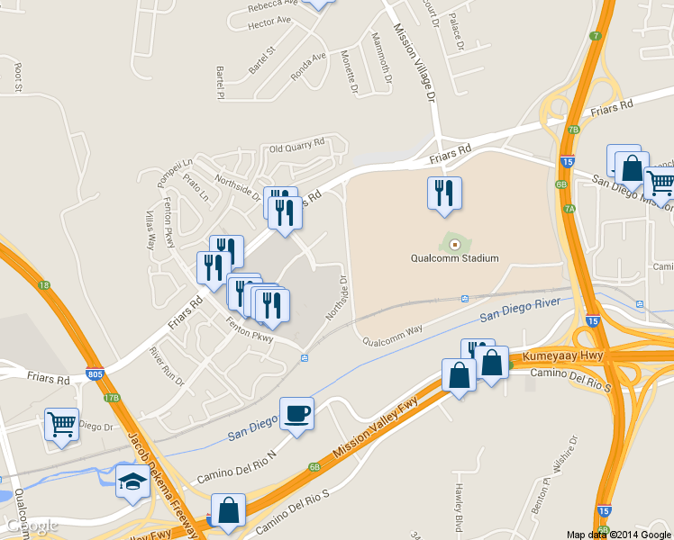map of restaurants, bars, coffee shops, grocery stores, and more near Qualcomm Way in San Diego
