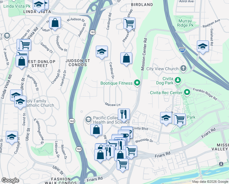 map of restaurants, bars, coffee shops, grocery stores, and more near 2106 Cardinal Drive in San Diego