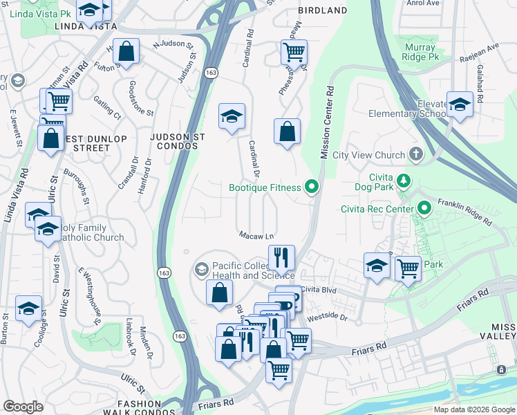 map of restaurants, bars, coffee shops, grocery stores, and more near 2106 Cardinal Drive in San Diego